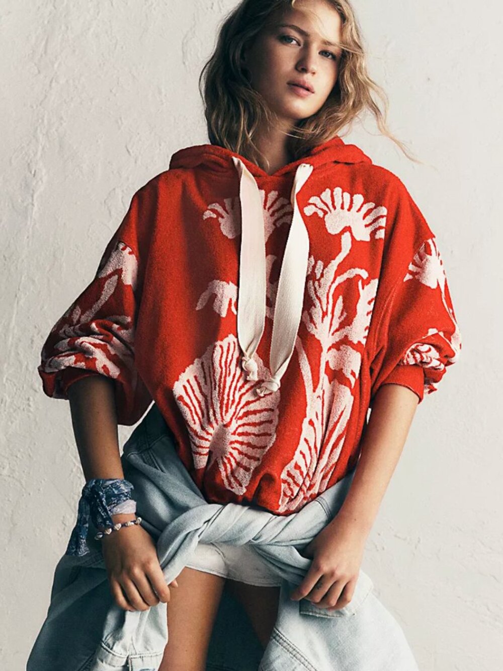NWT Free People Shell Baby Cherry Combo Cotton Appliqué Oversize Pullover Sz XS